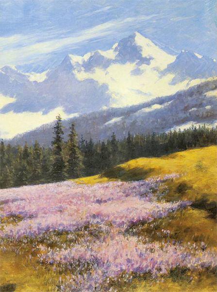 Stanislaw Witkiewicz Crocuses with snowy mountains in the background oil painting image